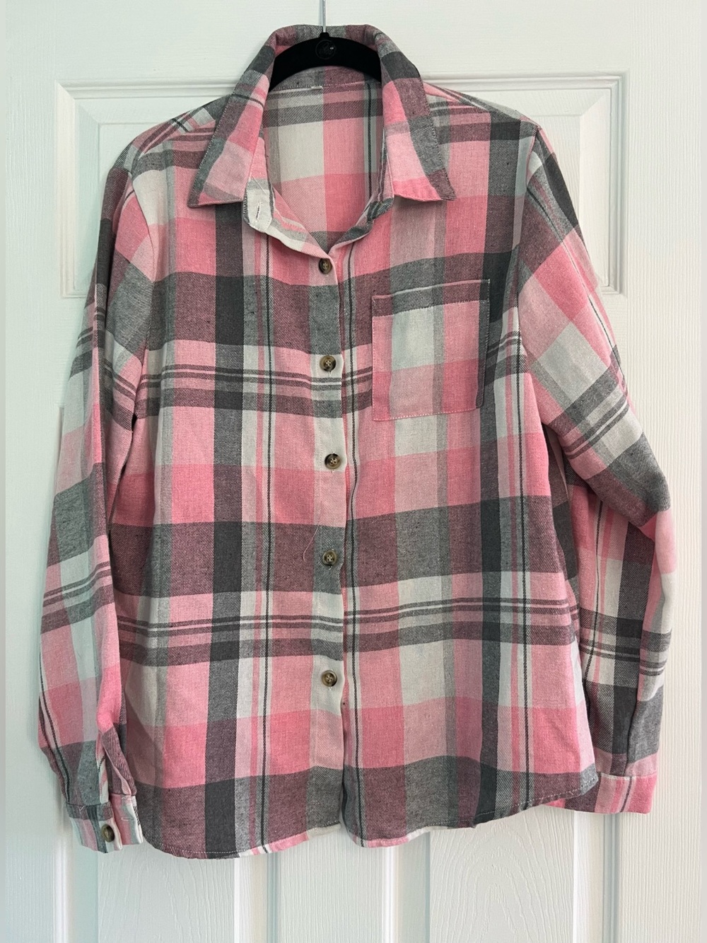 Pink and Gray Plaid Button-Up Shirt